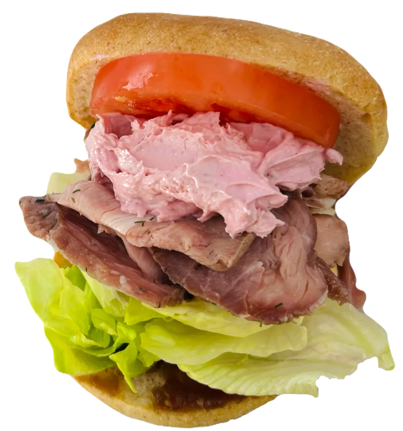 豚肩ロースをピンクに仕上げたローストポーク、甘酸っぱい特製ラズベリーチーズ、ピンクなサンドイッチは、お子様から大人まで！