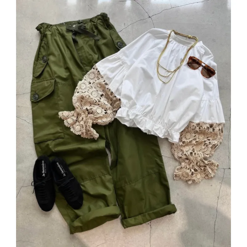 antique lace blouse × military pants
