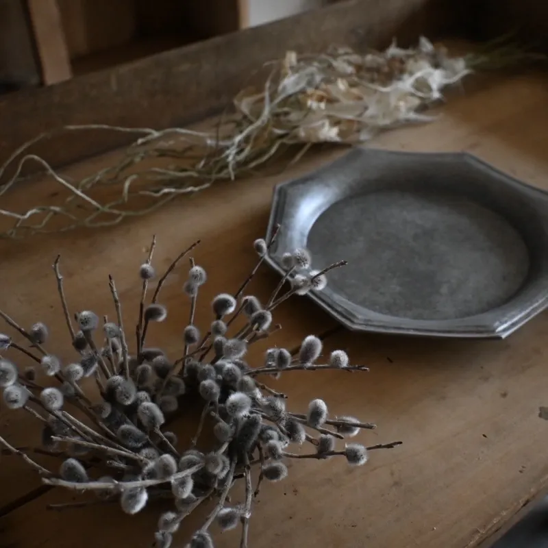 芽吹ネコヤナギのリース。プレートに乗せても飾れる大きさです。