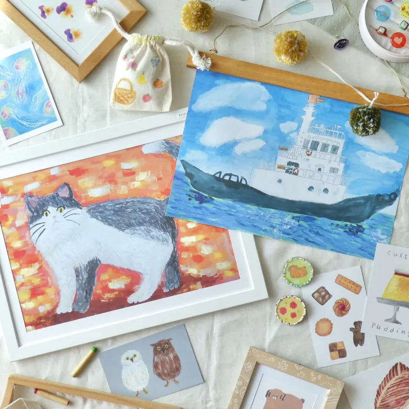 四つ切り画用紙に大きく描いた絵をそのままの雰囲気で飾ってもらえるようB4のポスターにしました。