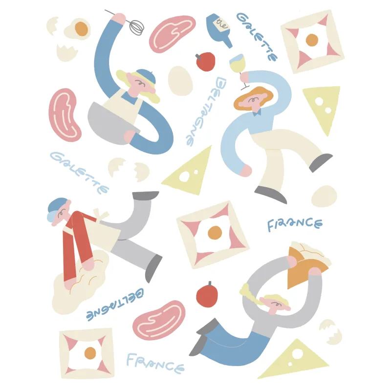 ガレットの包み紙。ハム、卵、チーズ。シードル。ガレットにまつわるイラストを、oi shopさんに。