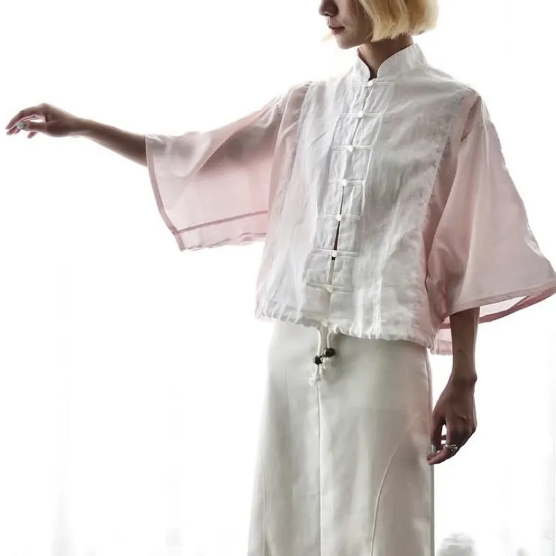 オリジナルリメイクシャツ。ライトピンクのコットンシャツとチャイナデザインのコットンベストをドッキングしました。