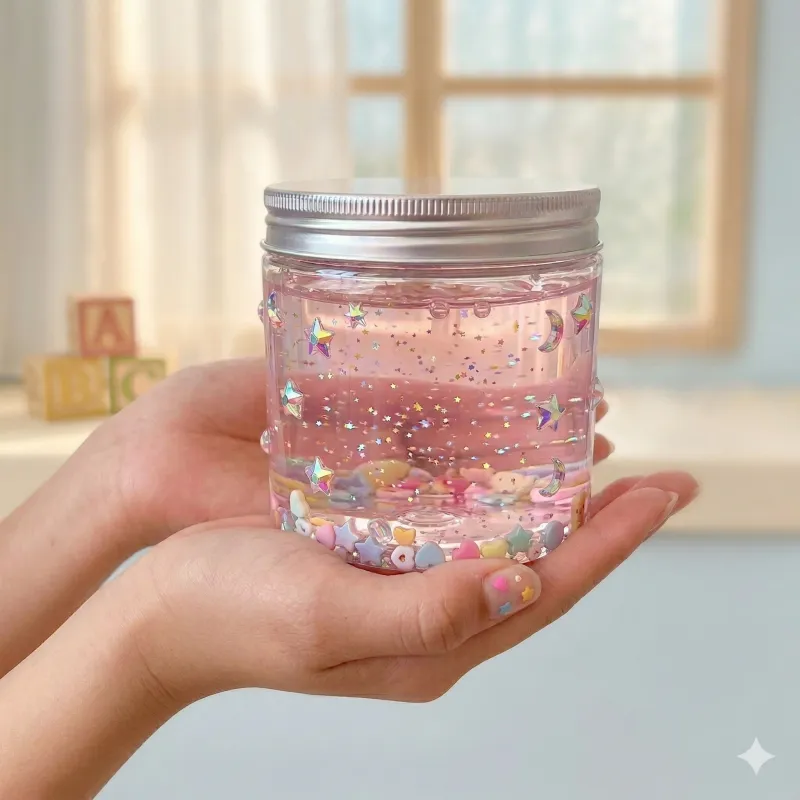 好きなボトルを選んだら、魔法の液体をプレゼント！　液体を入れて混ぜ混ぜしたら、おうちで簡単にスライムができちゃうよ。