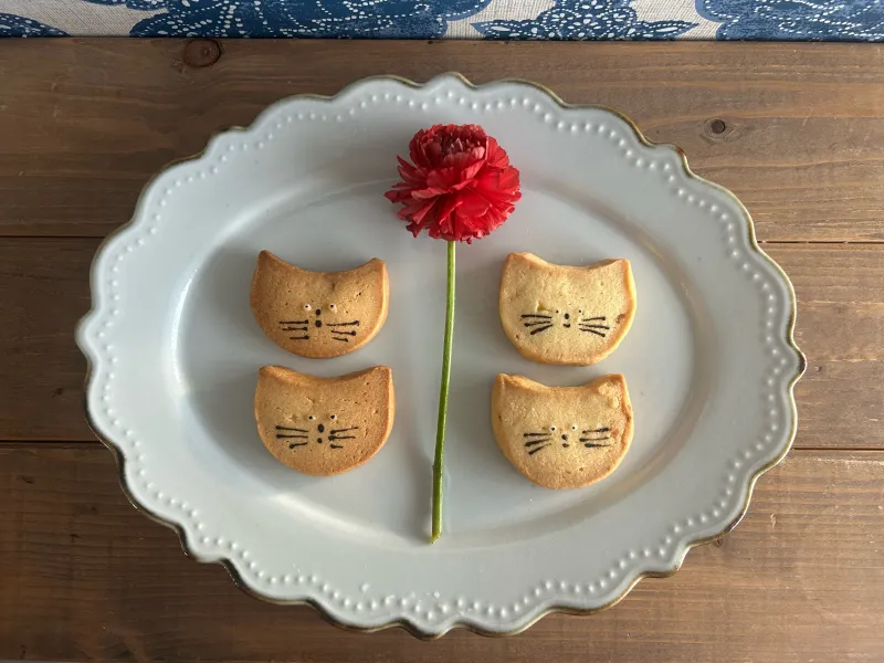 「月の猫」新作の猫のクッキー。紅茶、レモン、きびざとうの3種類。
