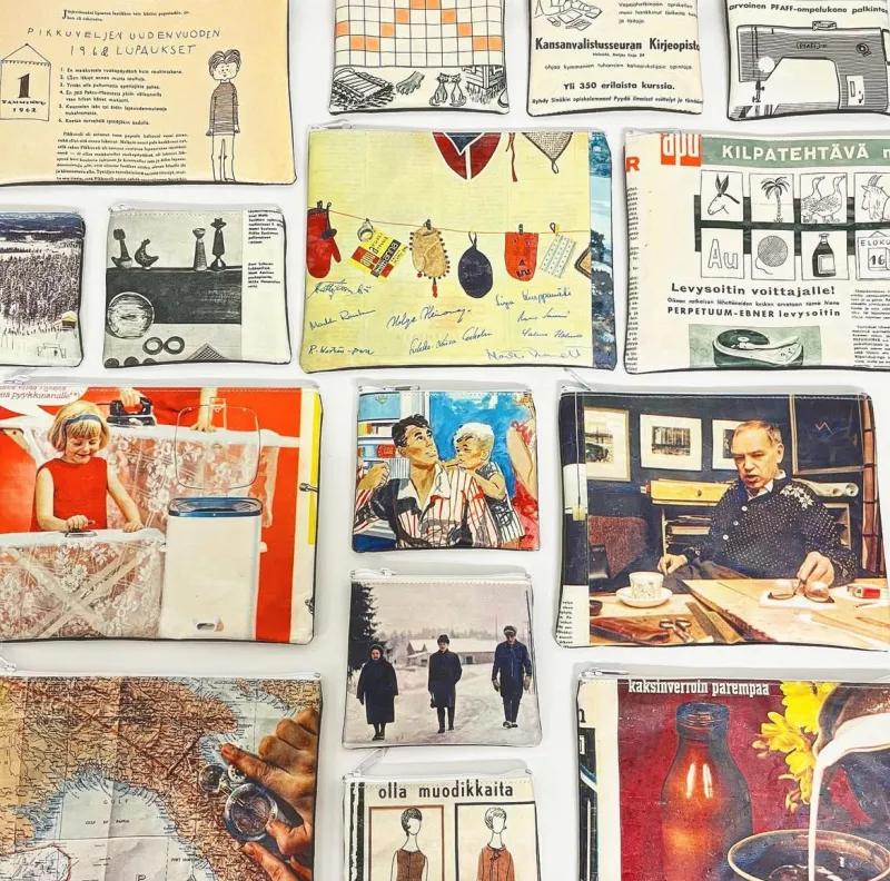 フィンランドの古い紙モノをアップサイクルしたポーチ。どれも1点ものです。