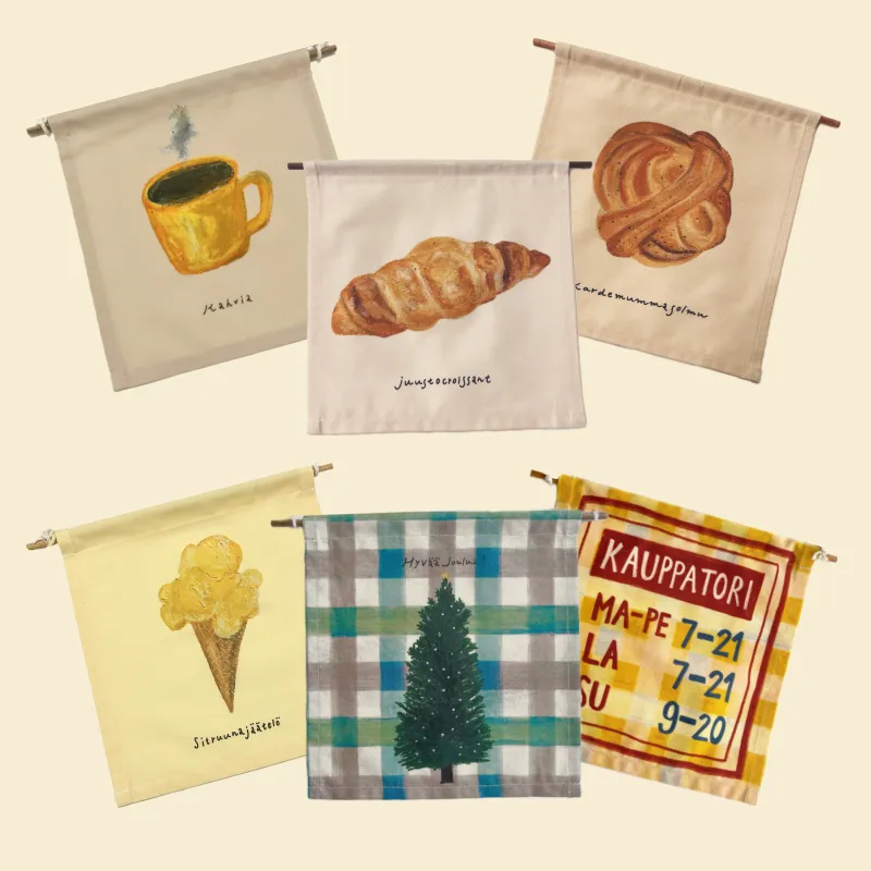 LIFE AND BOOKSのスタッフが作る、フィンランドのおやつをモチーフにしたミニタペストリー