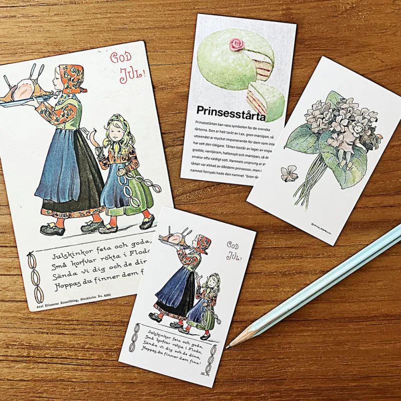 スウェーデンのレトロなグリーティングカードやイラストを使った100種以上のミニカード