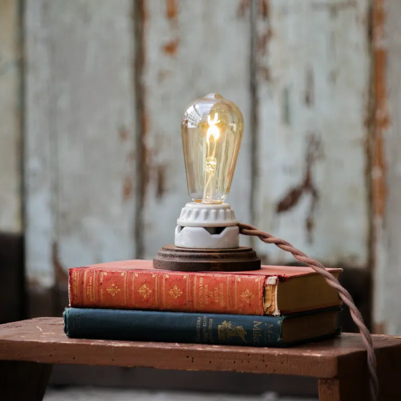 陶器ソケットにウッドベースを組み合わせたオリジナルライト。小ぶりなので場所を選びません。