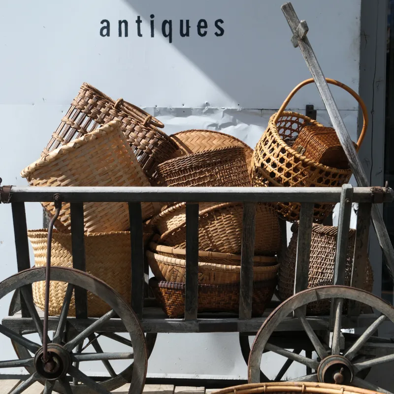 さまざまなデザインのビンテージバスケットをたくさんご用意します。収納にはもちろん、お出かけや植物のカバーにも。