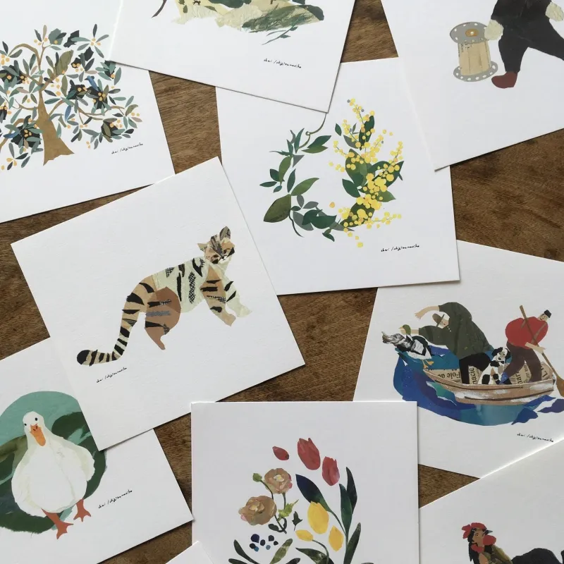 いろいろな種類の貼り絵のポストカード