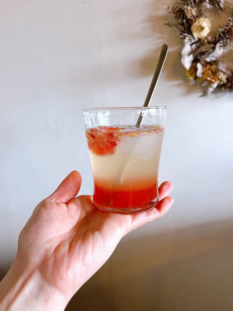 …季節の酵素ジュース　太陽をいっぱい浴びて育った実を発酵させた夏に染みる一杯。爽やかな香りと酸味が暑さでゆるみがちな身体をスッと軽やかに